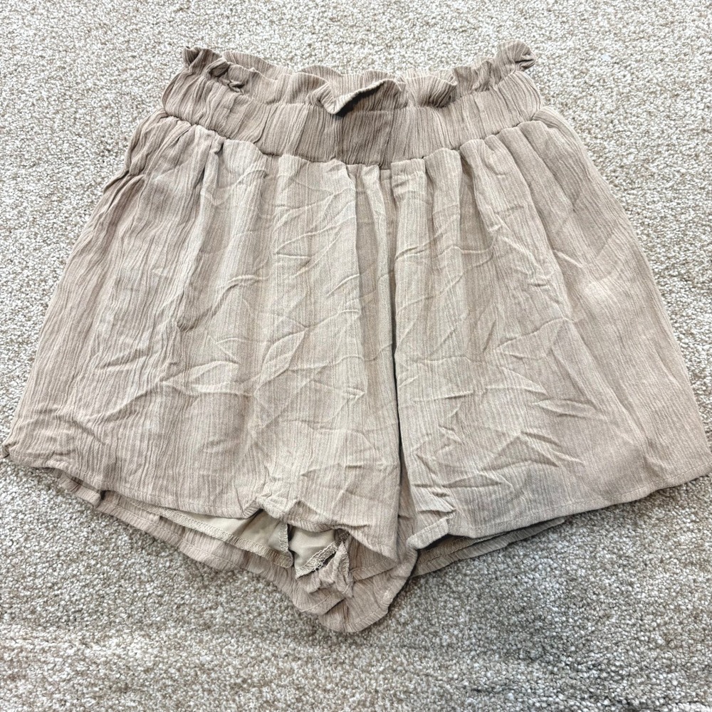 Amable Tan Rayon Crepon High Waisted Paperbag Shorts Small Boho Textured Chic